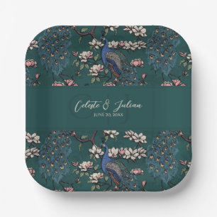 Teal Green Peacocks & Magnolia Flowers Paper Plates