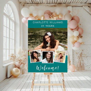 Teal green photo collage birthday party welcome foam board