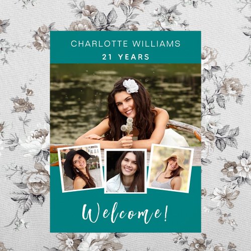 Teal green photo collage birthday party welcome poster