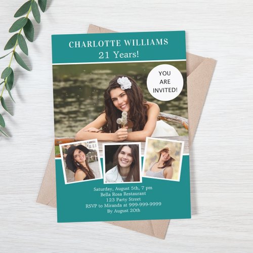 Teal green photo collage luxury birthday invitation