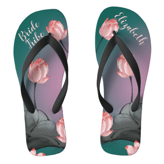 Teal Green Pink Gradient Lotus Flowers Wedding  Flip Flops (Footbed)