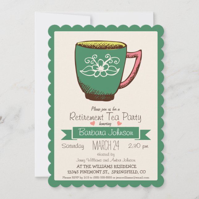 Teal Green & Pink Retirement Tea Party Invitation (Front)
