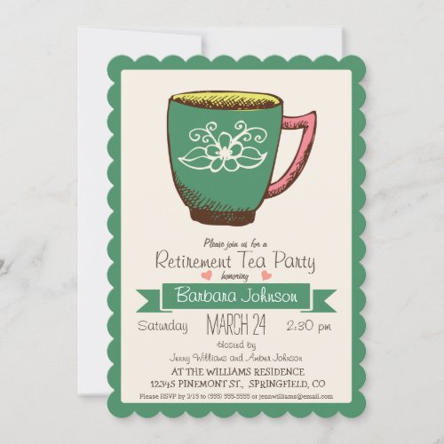 Teal Green  Pink Retirement Tea Party Invitation