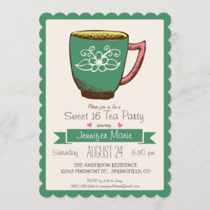 Teal Green & Pink Retro Sweet 16 Tea Party Invitation