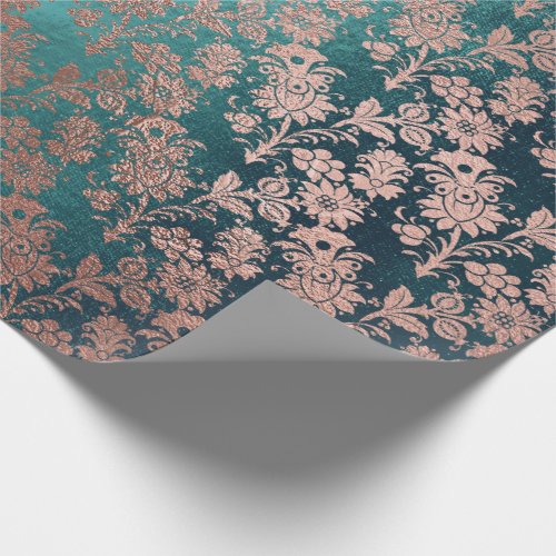 Teal Green Pink Rose Gold Powder Faux Blush Floral Wrapping Paper