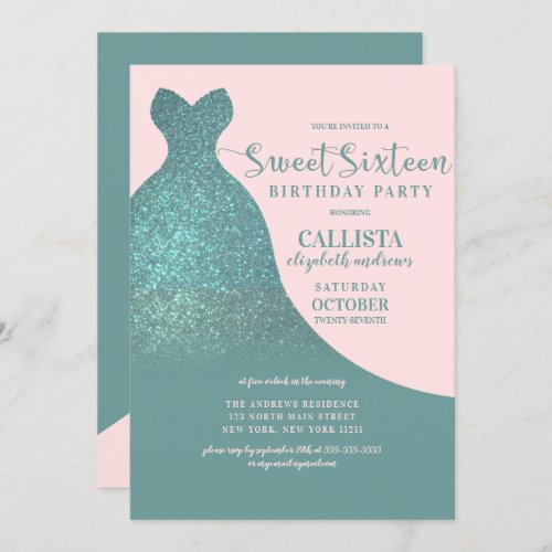 Teal Green Pink Sparkly Glitter Dress Sweet 16 Invitation