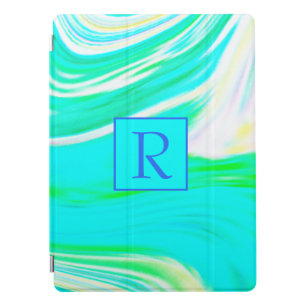 Teal Green Pink White Abstract Waves Monogram Cute iPad Pro Cover