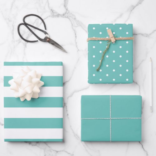 Teal Green Polka Dot Wide Striped and Solid Wrapping Paper Sheets