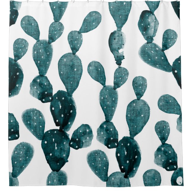 Teal Green Prickly Pear Cactus Shower Curtain (Front)