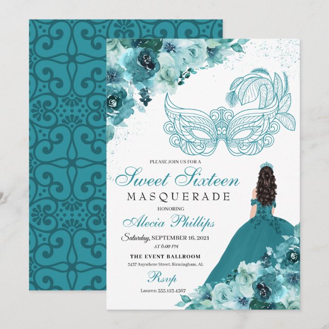 Teal Green Princess Masquerade Sweet 16 Invitation (Front/Back)