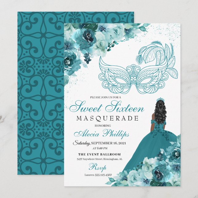 Teal Green Princess Masquerade Sweet 16 Invitation (Front/Back)
