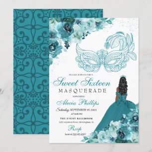 Teal Green Princess Masquerade Sweet 16 Invitation