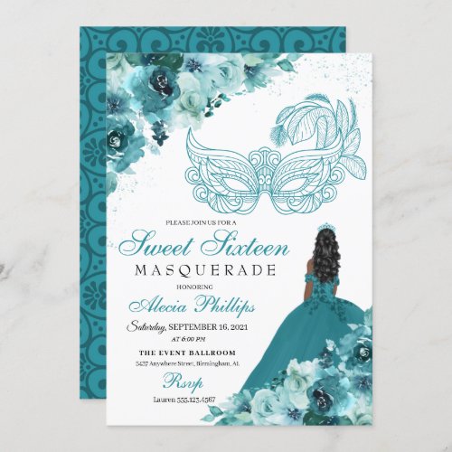 Teal Green Princess Masquerade Sweet 16 Invitation