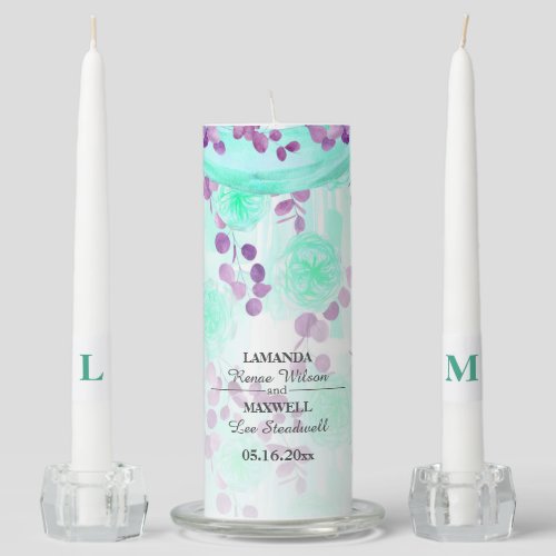 Teal Green  Purple Floral Watercolor Handfasting Unity Candle Set