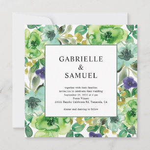 Teal Green Purple Modern Watercolor Floral Invitation