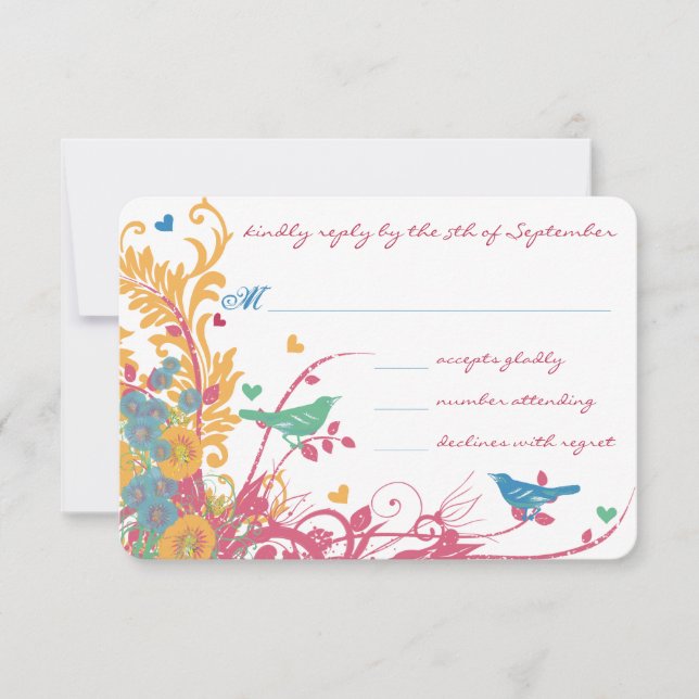Teal Green Raspberry Gold Wild Flower Bird Wedding RSVP Card (Front)