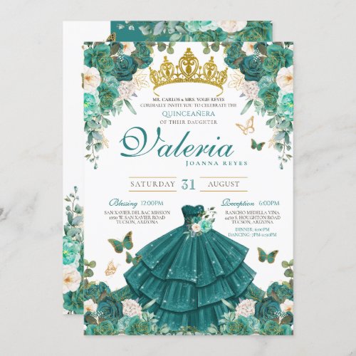 Teal Green Rose Butterfly Princess Quinceanera Invitation