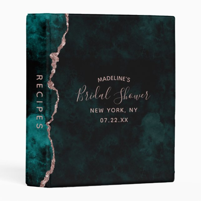 Teal Green Rose Gold Agate Bridal Shower Recipe Mini Binder (Front/Spine)