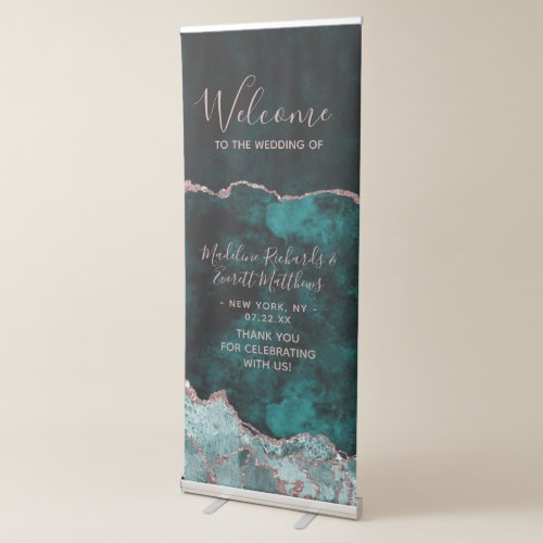 Teal Green Rose Gold Agate Marble Wedding Welcome Retractable Banner