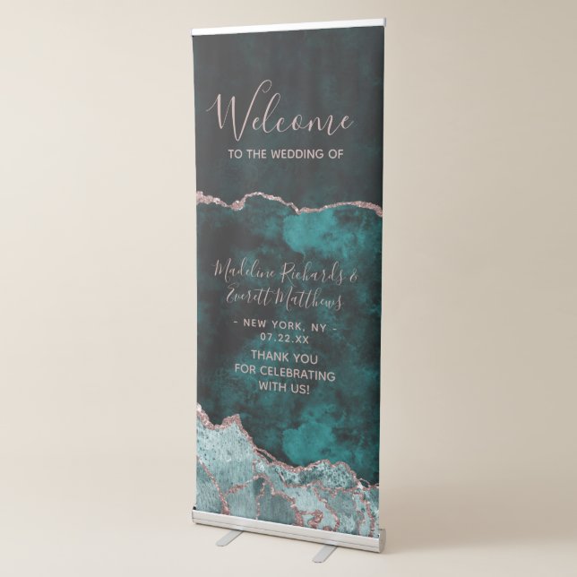 Teal Green Rose Gold Agate Marble Wedding Welcome Retractable Banner (3/4)