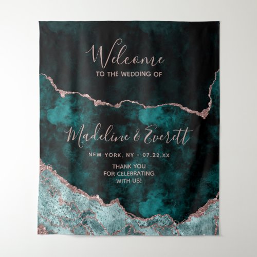 Teal Green Rose Gold Agate Marble Wedding Welcome Tapestry