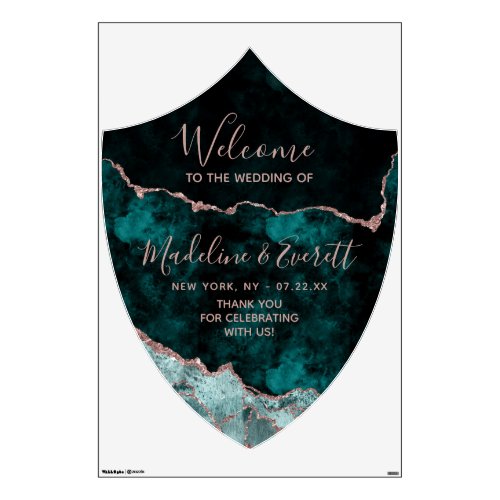 Teal Green Rose Gold Agate Wedding Welcome Crest Wall Decal