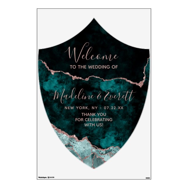 Teal Green Rose Gold Agate Wedding Welcome Crest Wall Decal (Front)