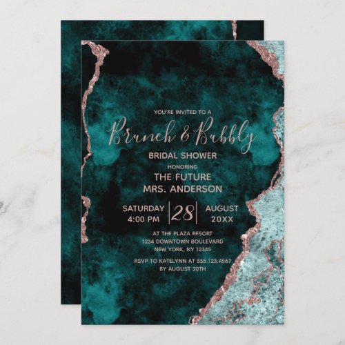 Teal Green Rose Gold Brunch  Bubbly Bridal Shower Invitation