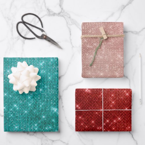 Teal Green Rose Gold Red Sparkle Wrapping Paper Sheets
