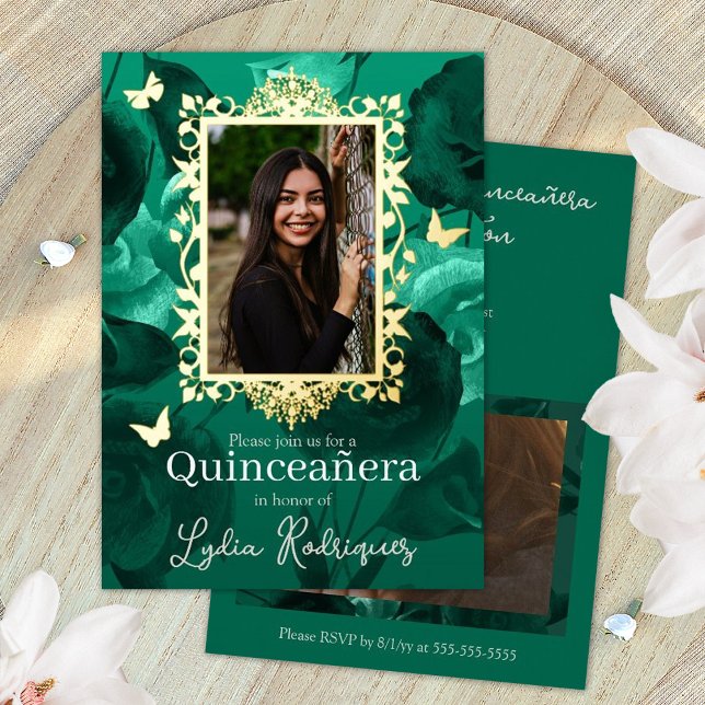Teal Green Roses, Gold Butterflies Quinceanera Foil Invitation (green and gold quinceanera invitations )