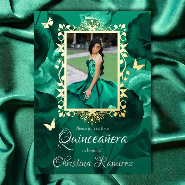 Teal Green Roses, Gold Butterflies Quinceanera Foil Invitation (Teal green and gold ornate gold photo frame, green quinceanera invitations with gold butterflies)