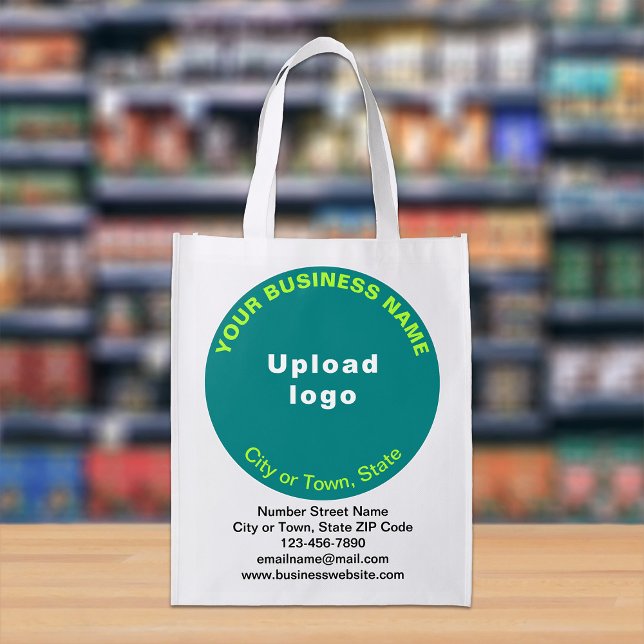 Teal Green Round Branding on Single-Sided Print Grocery Bag (Teal green round business branding on reusable grocery bag.)