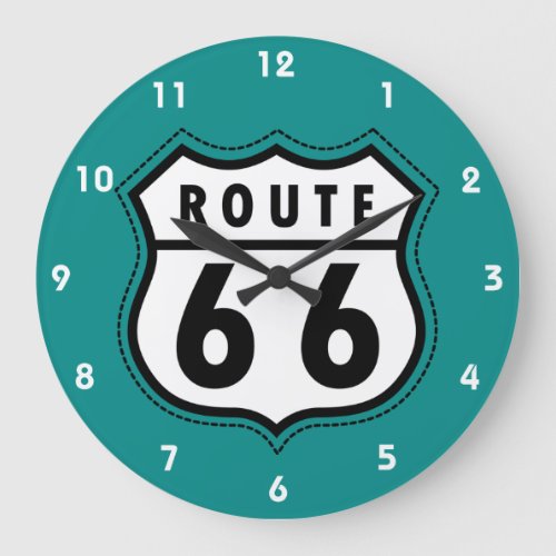 Teal Green Route 66 sign Large Clock