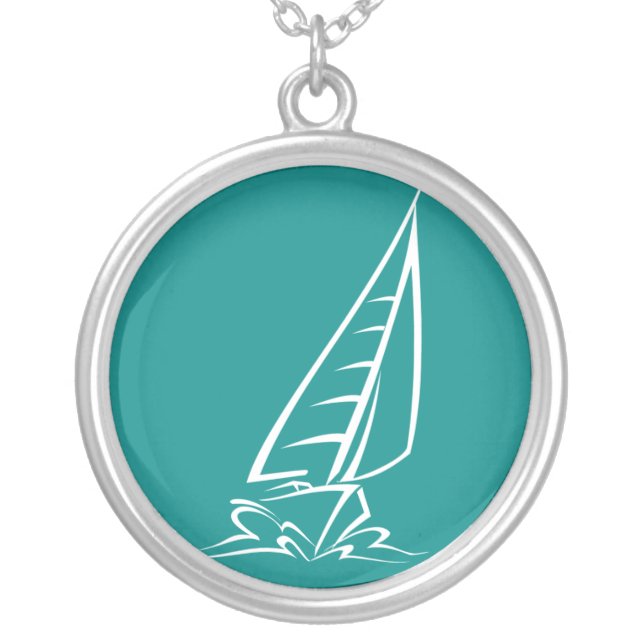 Teal Green Sailing Silver Plated Necklace (Front)
