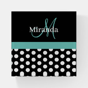 Teal Green Script Monogram Black White Polka Dot Paperweight