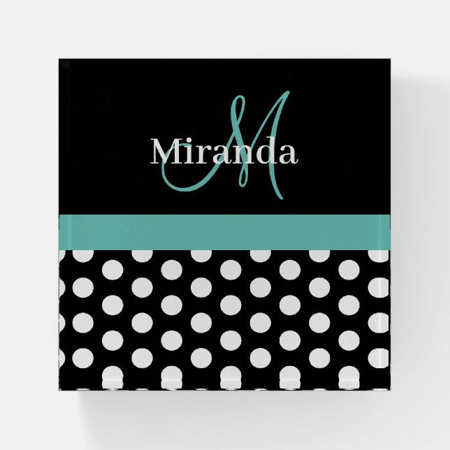 Teal Green Script Monogram Black White Polka Dot Paperweight (Front)