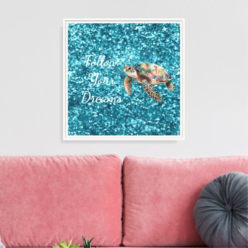 Teal Green Sea Turtle Glitter Canvas Print