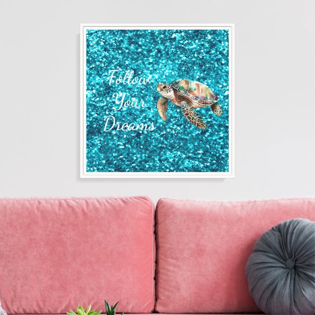 Teal Green Sea Turtle Glitter Canvas Print (Insitu(LivingRoom))
