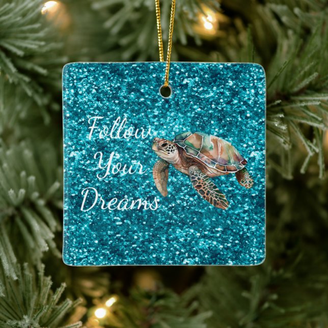 Teal Green Sea Turtle Glitter Ceramic Ornament (Tree)