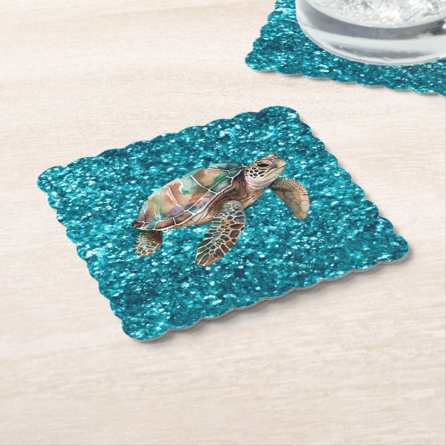 Teal Green Sea Turtle Paper Coaster (Angled)