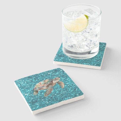 Teal Green Sea Turtle Stone Coaster