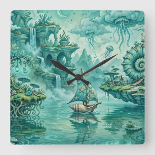 Teal Green Seascape Dream Surreal Fantasy Square Wall Clock