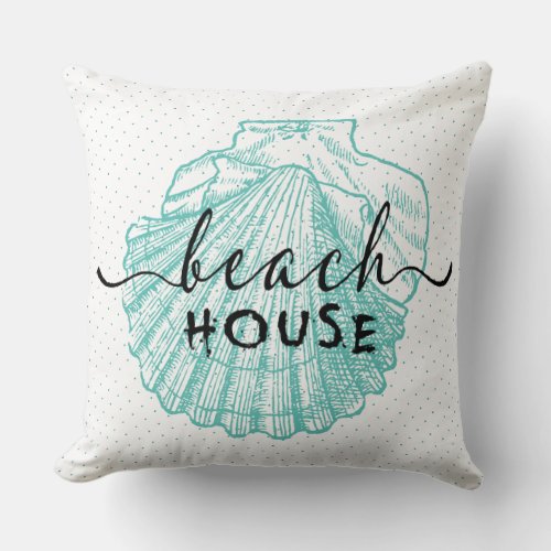 teal_green Seashell Beach House Typography Design Throw Pillow