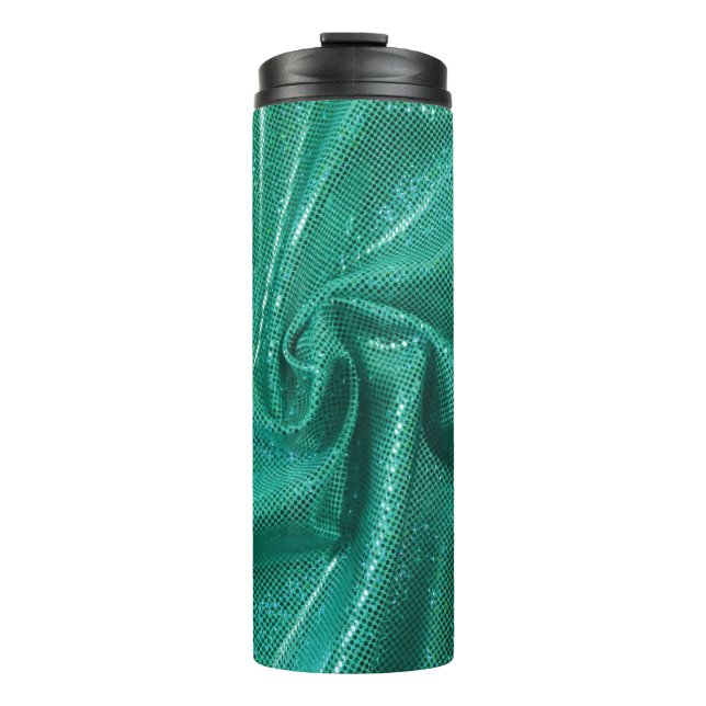 Teal green sequin glitter fabric look thermal tumbler (Front)