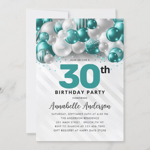 Teal Green Silver Balloon Glitter 30th Birthday Invitation