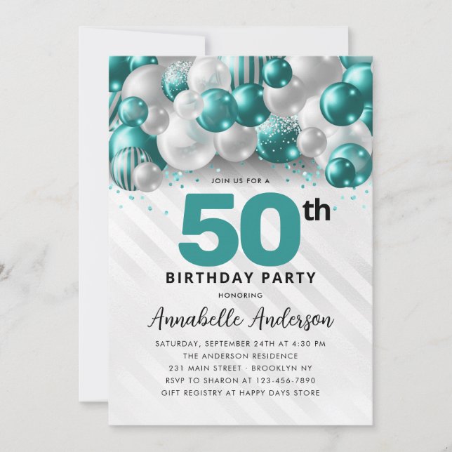 Teal Green Silver Balloon Glitter 50th Birthday Invitation (Front)