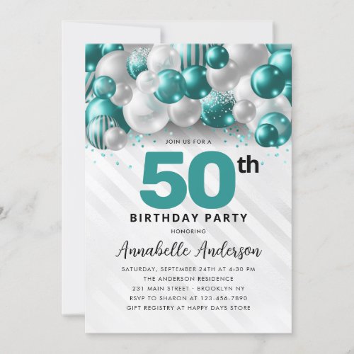 Teal Green Silver Balloon Glitter 50th Birthday Invitation