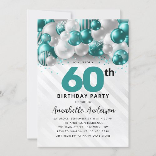 Teal Green Silver Balloon Glitter 60th Birthday Invitation