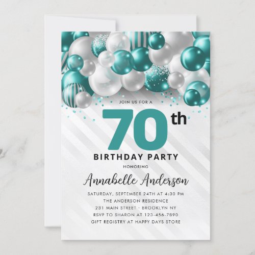 Teal Green Silver Balloon Glitter 70th Birthday Invitation