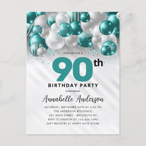 Teal Green Silver Balloon Glitter 90th Birthday  Postcard